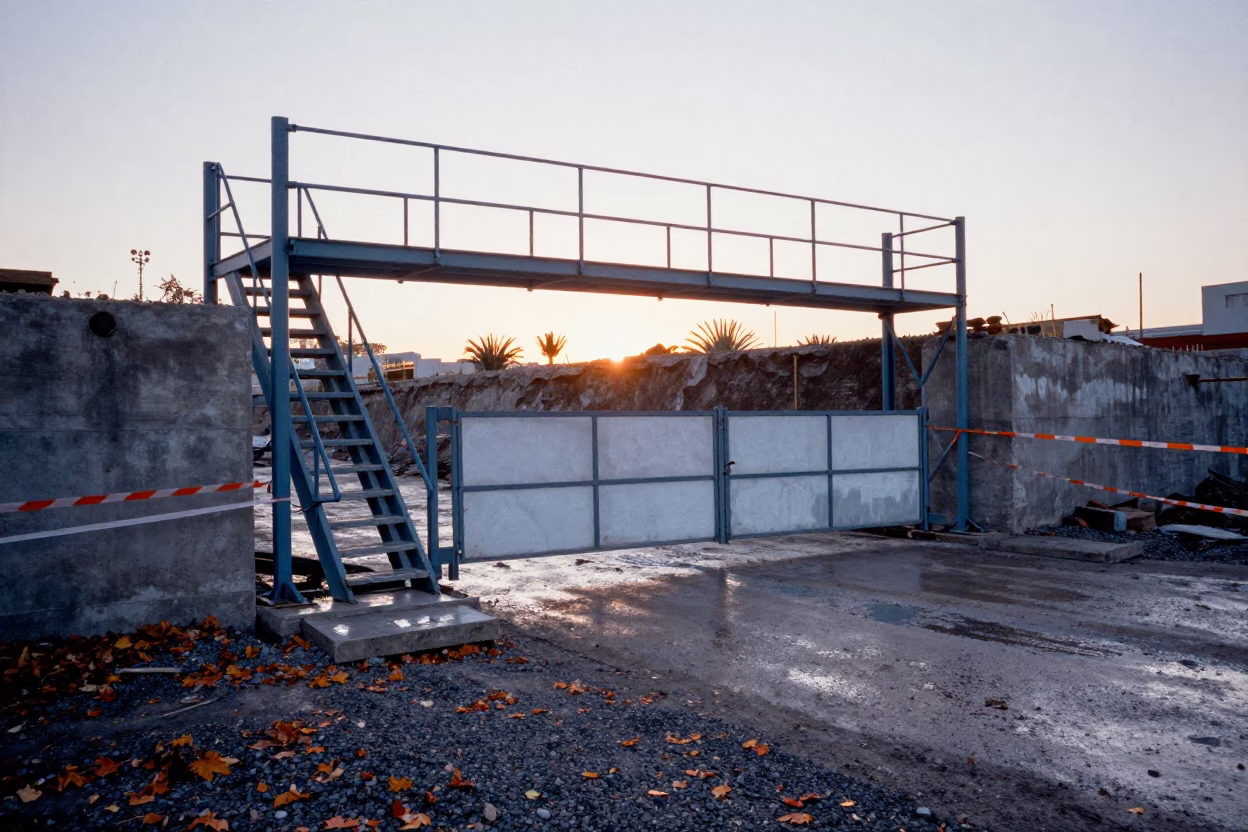 Blue Dawn Scaffold Gate at Chihuahua Excavation in inside a taped-off excavation edge near Chihuahua