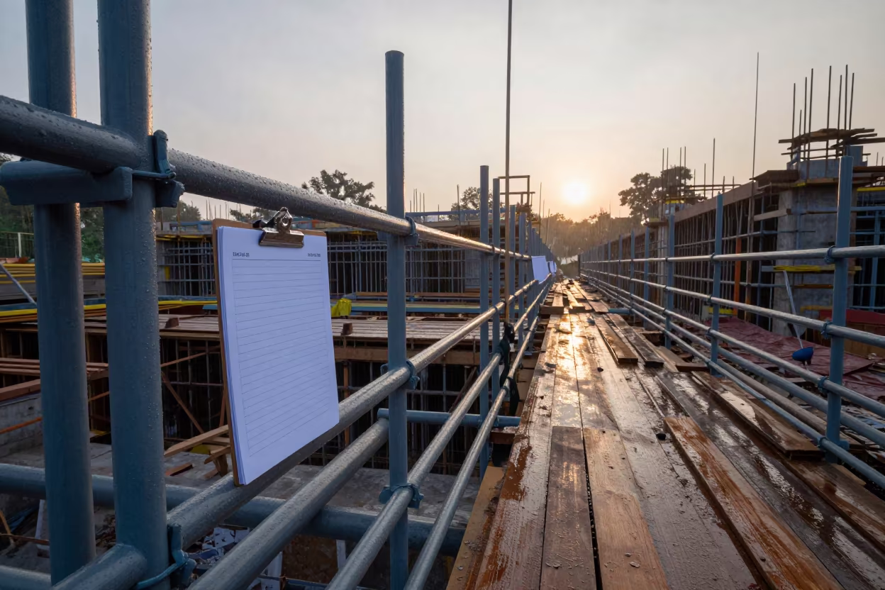 Blue Dawn Scaffold Gate Monsoon Andhra in along a scaffolded facade in Andhra Pradesh