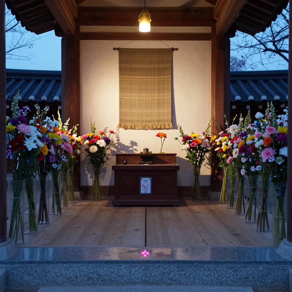 Blue Dawn Shrine with Flowers in Gwangju in beside a prayer wheel corridor in Gwangju