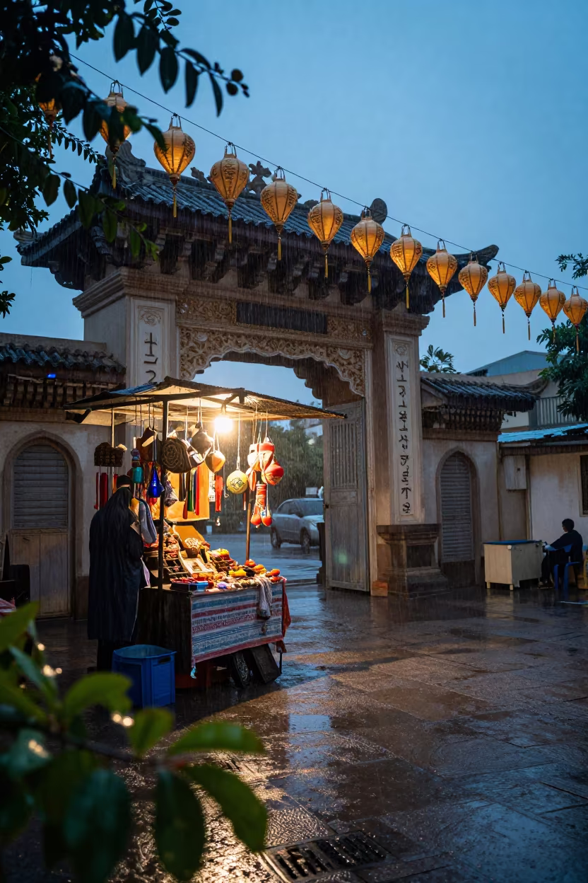 Blue Dawn Souvenir Stall at Benghazi Temple Gate in in a shrine lined with lanterns in Benghazi