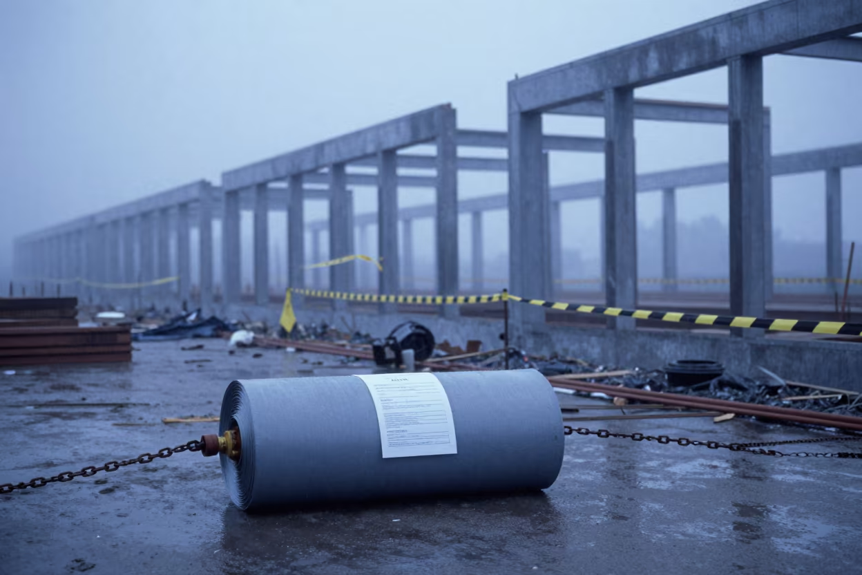 Blue Dawn Weld Blanket Roll at Zaria Construction Site in beside a framed building shell in Zaria