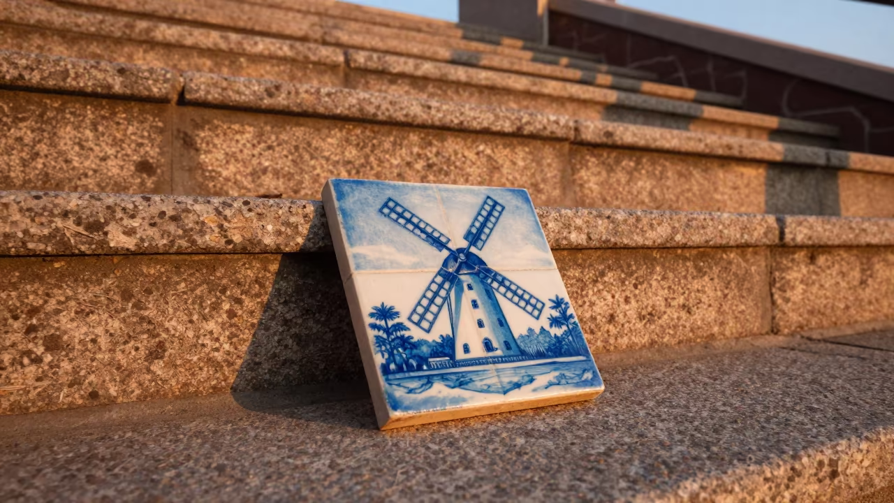 Blue Delft Tile on Qingdao Staircase in at the base of a monumental staircase near Qingdao