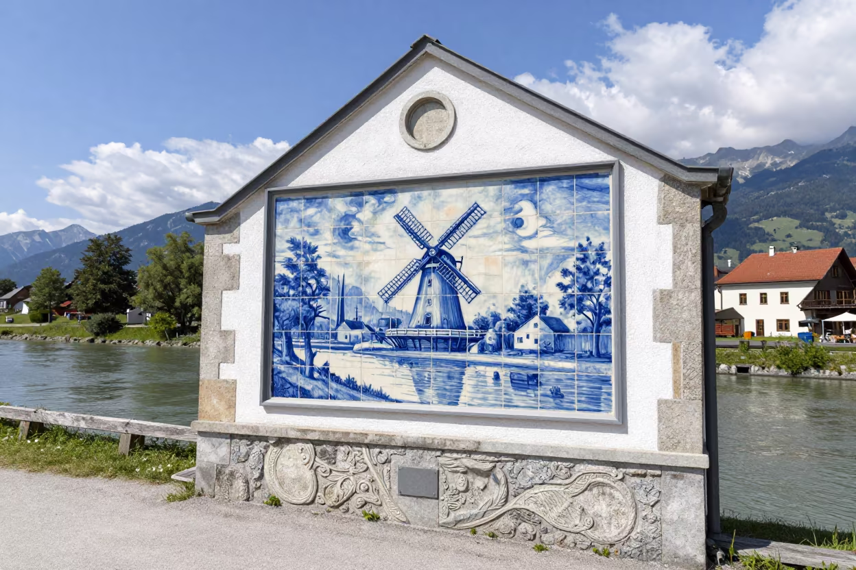 Blue Delft Tile Windmill Canal Facade in beside a canal-front facade in Austria