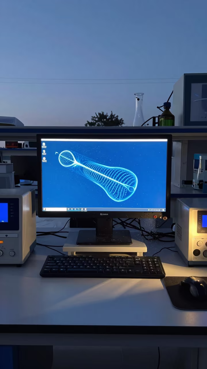 Blue Diatom Structures on Lab Monitor in Guéckédougou in in a bright laboratory in Guéckédougou