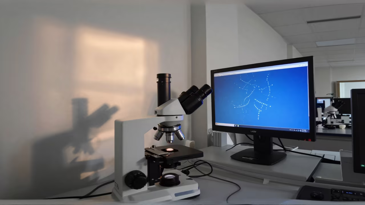 Blue Diatom Structures on Lab Monitor in inside a university research lab near Az Zubayr