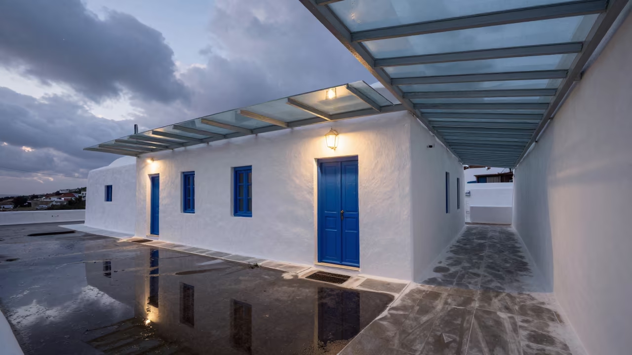 Blue Door Cycladic House in Glass Arcade in inside a glass-roofed arcade in Toluca de Lerdo
