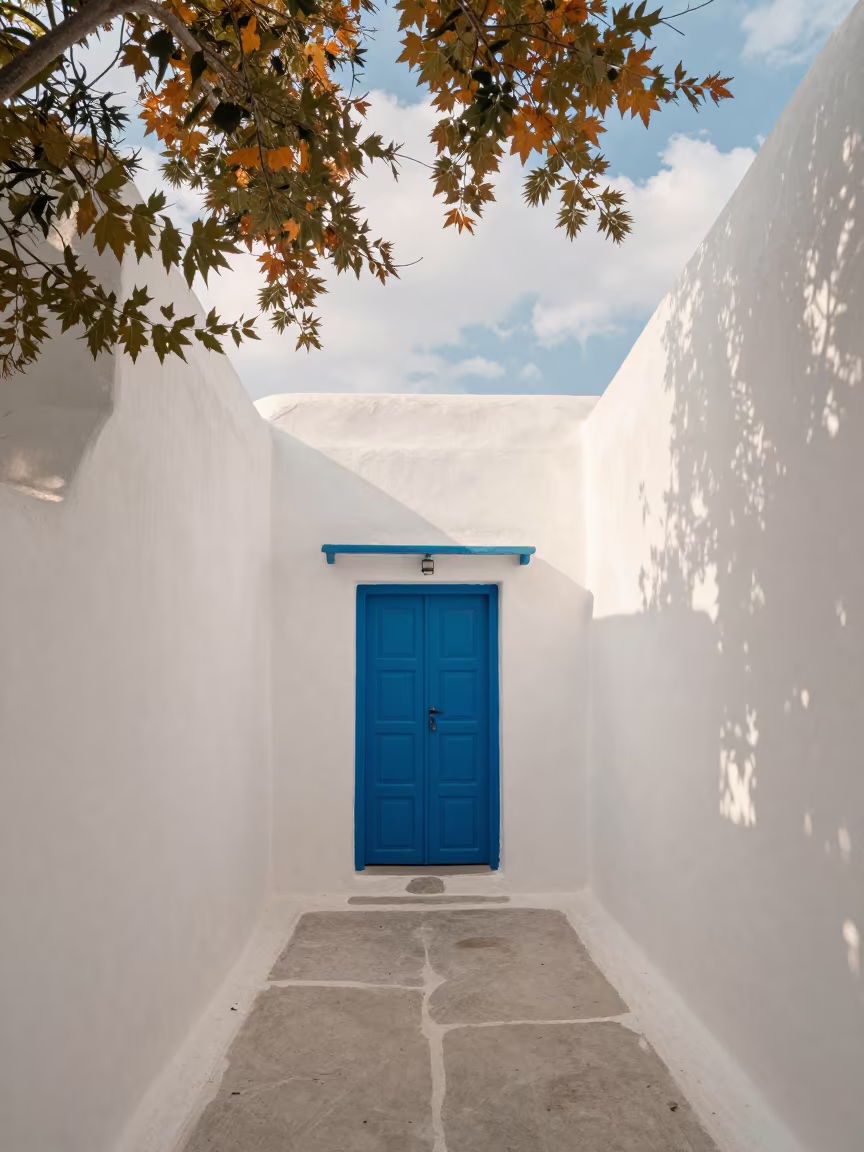 Blue Door Cycladic House Taiyuan Passageway in inside a skylit passageway in Taiyuan