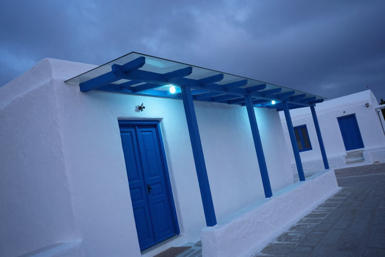 Blue Door Cycladic House Twilight Arcade in inside a glass-roofed arcade near Tuni