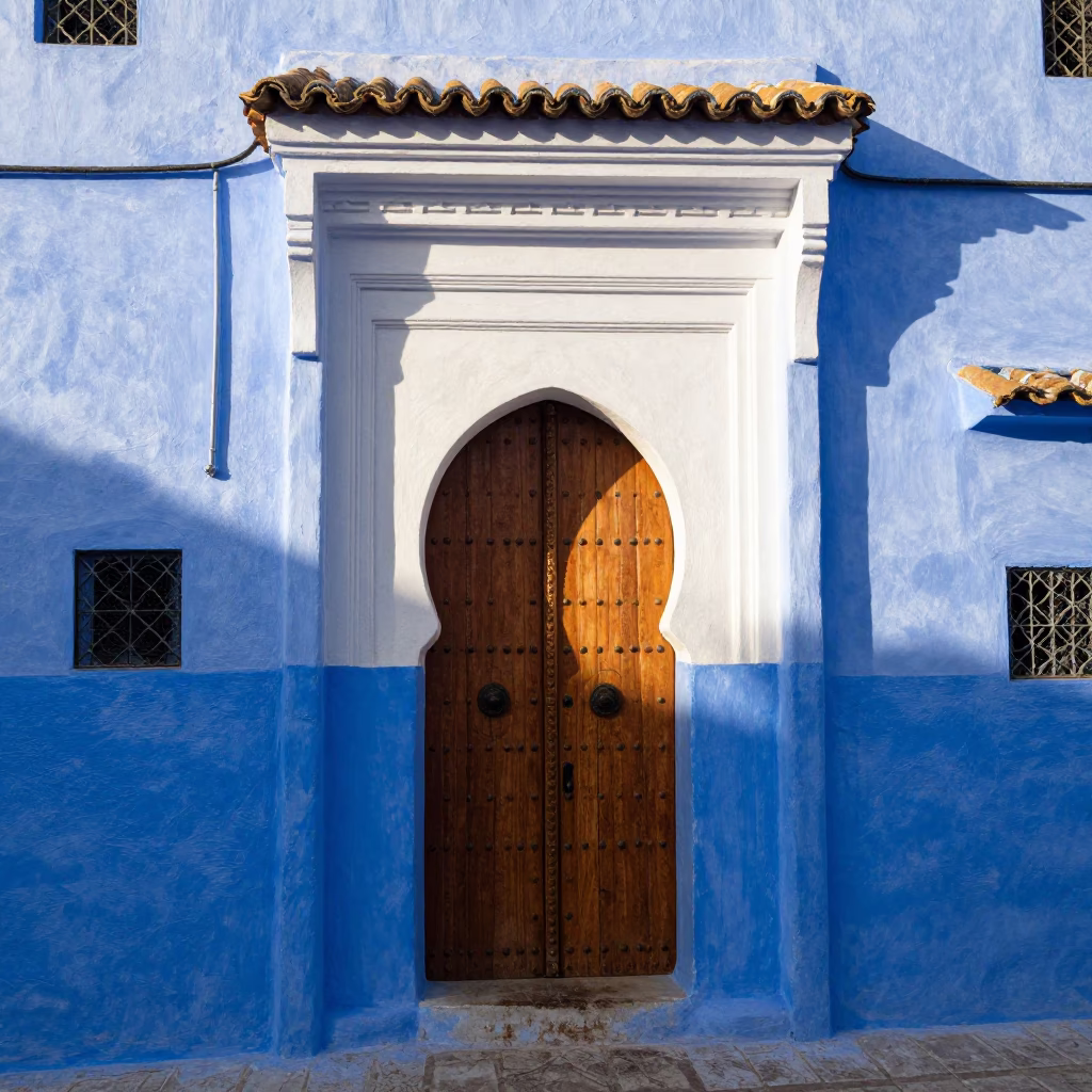 Blue Doorway in Essaouira at The Late Morning Light in in Essaouira, Morocco