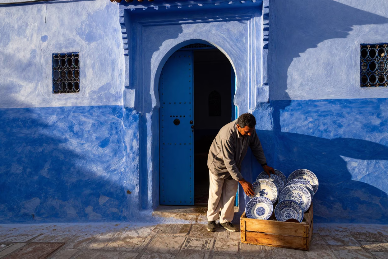 Blue Doorway just after sunrise in Essaouira in in Essaouira, Morocco