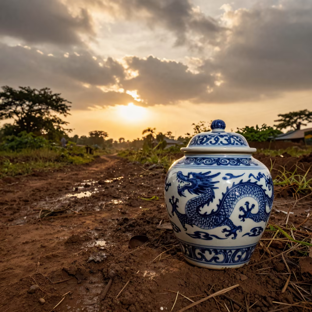 Blue Dragon Ceramic Jar on Wet Game Trail in along a game trail near Jalingo