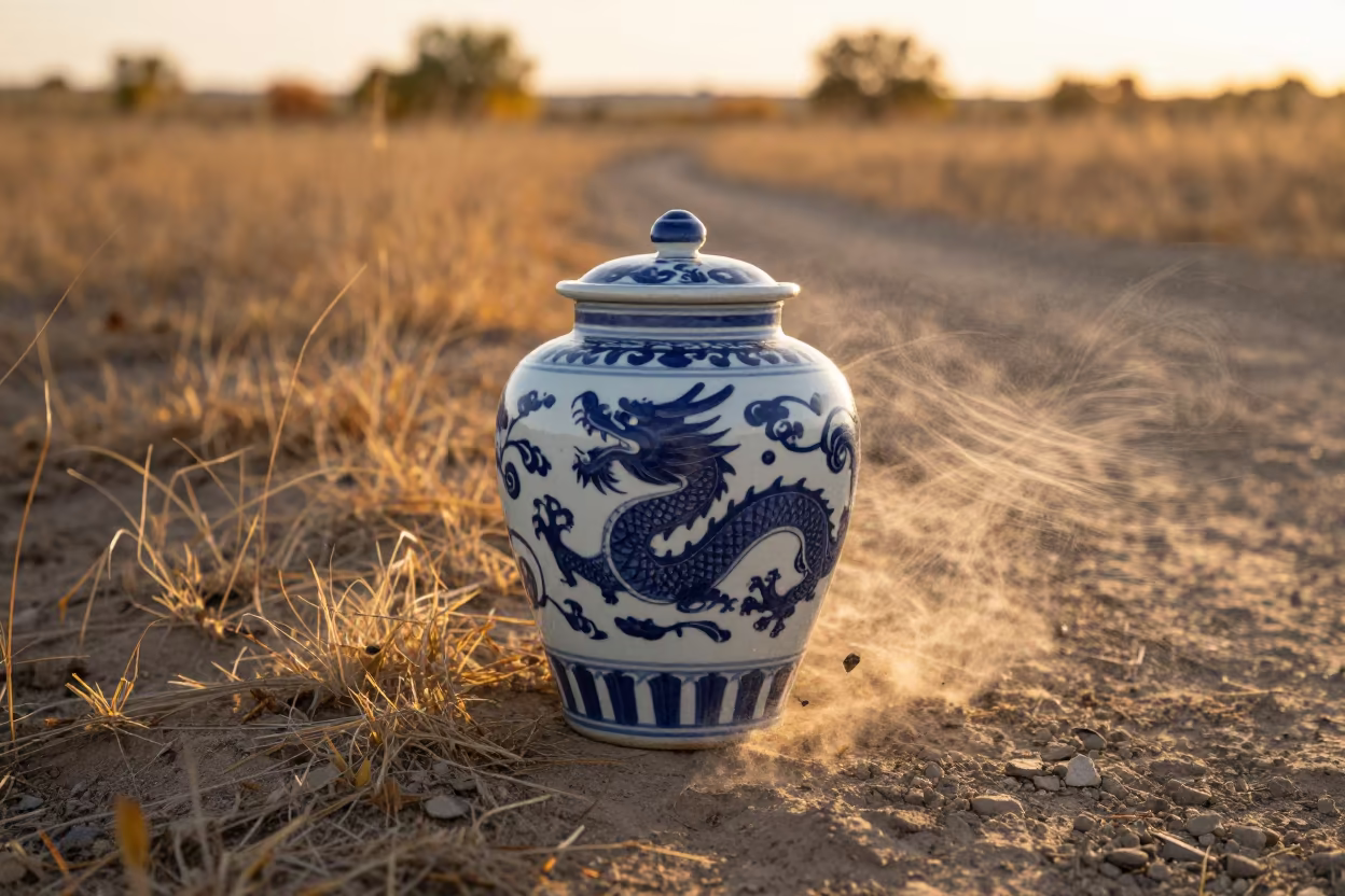 Blue Dragon Ginger Jar on Turkmen Game Trail in along a game trail in Turkmenistan