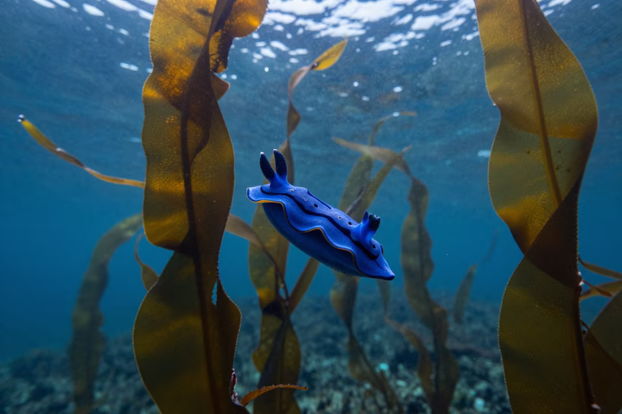 Blue Dragon Sea Slug Floating in Indonesian Kelp Forest in through a forest of kelp fronds in Indonesia