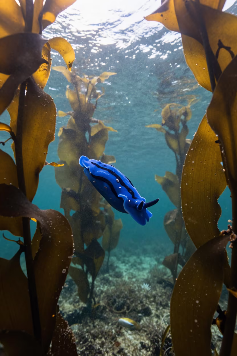 Blue Dragon Sea Slug Floating in Kelp Forest in through a forest of kelp fronds near Eixample, Barcelona