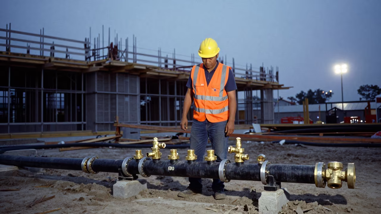 Blue Dusk Hose Manifold Inspection Taoyuan Construction Site in beside a framed building shell near Taoyuan