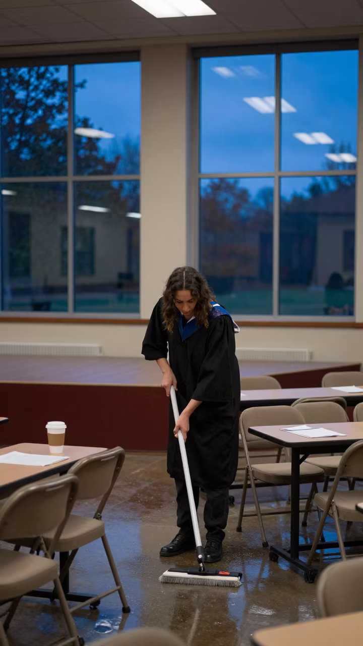 Blue Dusk Mopping Graduation Stage Before Chairs in at a seminar table covered in notes in Rosetta