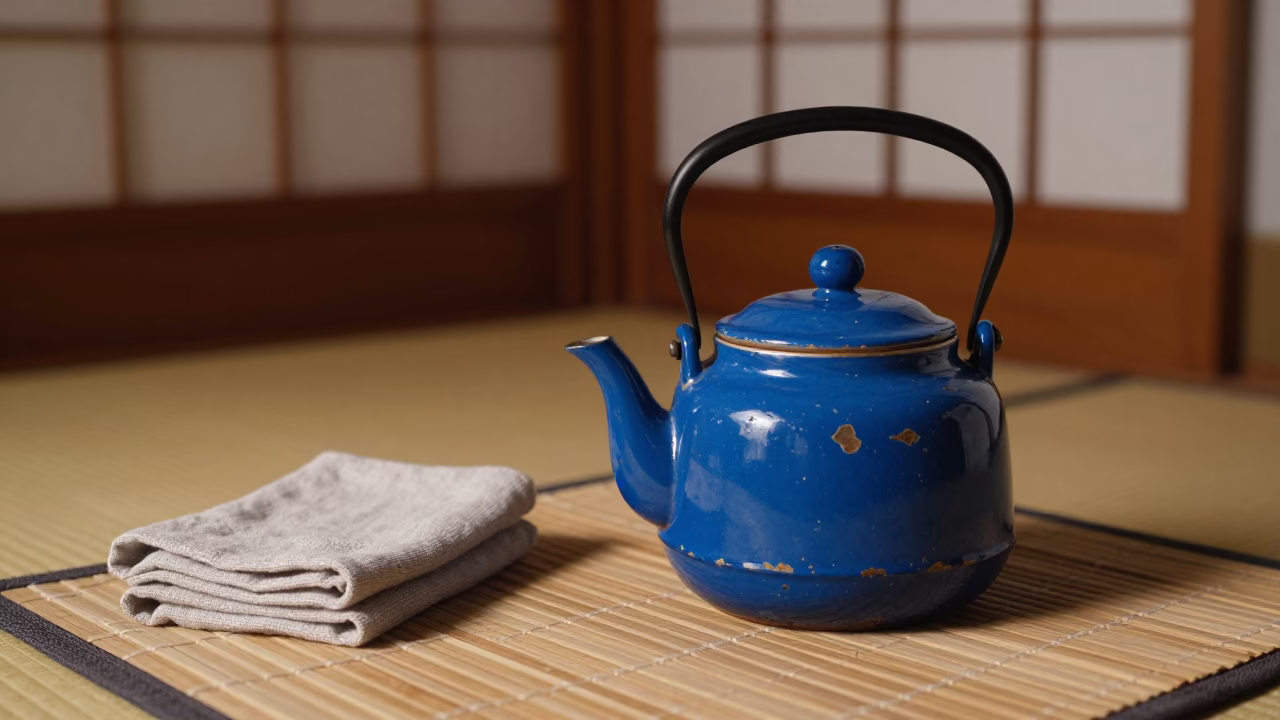 Blue Enamel Tea Kettle in Tokyo in in Tokyo, Japan