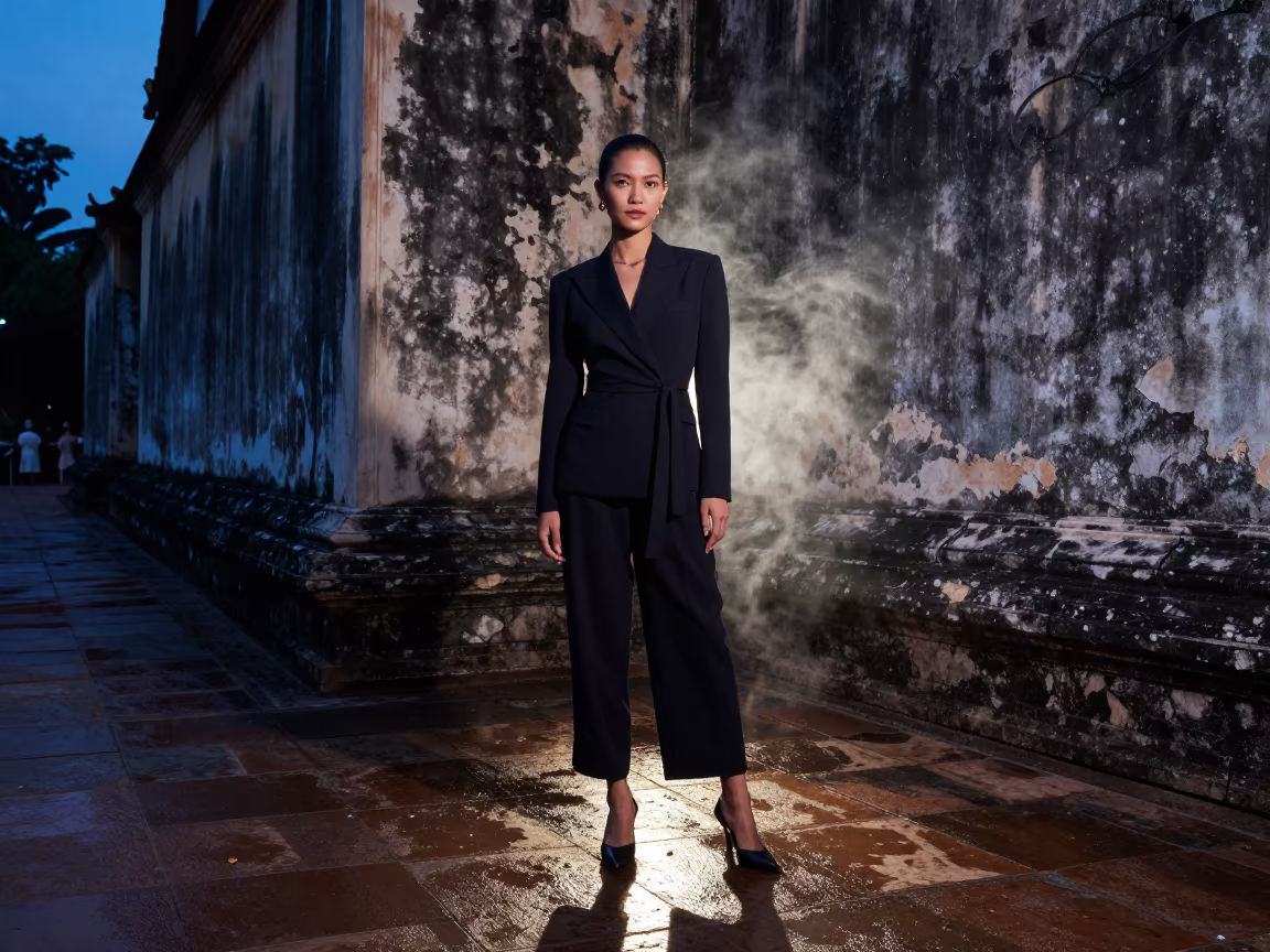 Blue Evening Fashion Portrait in Vientiane Lane in in a stone lane between old facades in Vientiane