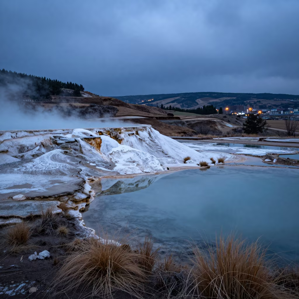 Blue Evening Hot Spring Ridge China in from a ridge above layered foothills in China