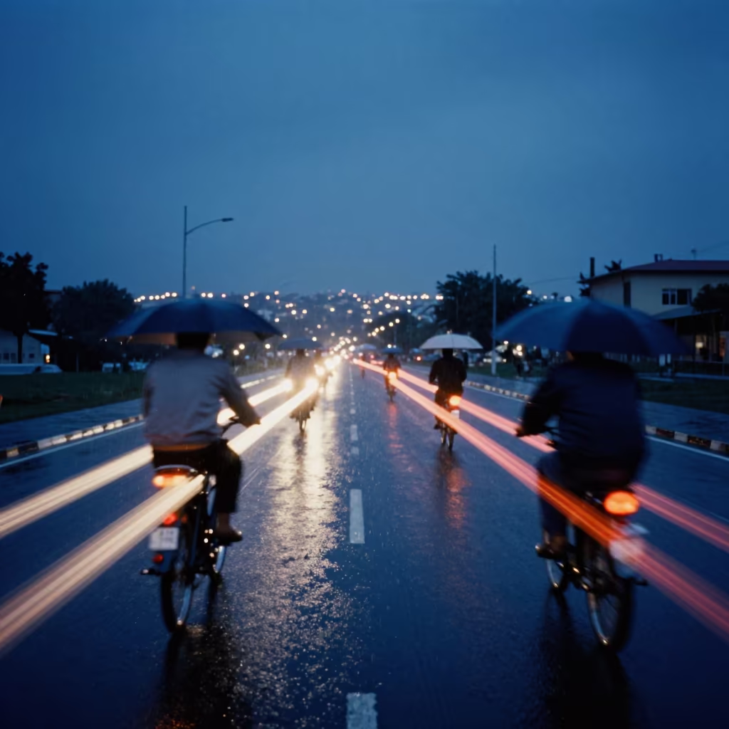 Blue Evening Light and Bicycle Umbrella Trails in Kuwait Rain in in Kuwait