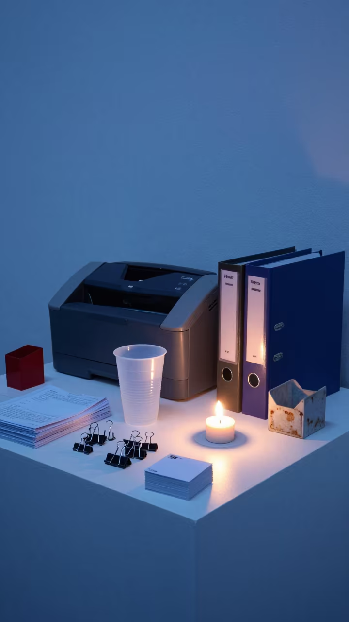 Blue Evening Light and Candle Glow on Office Supplies in on a museum plinth in Thessaloniki