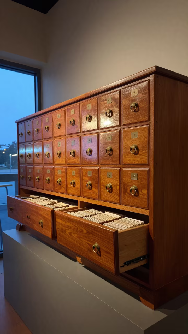 Blue Evening Light on Library Catalog Drawer in on a museum plinth near Douala