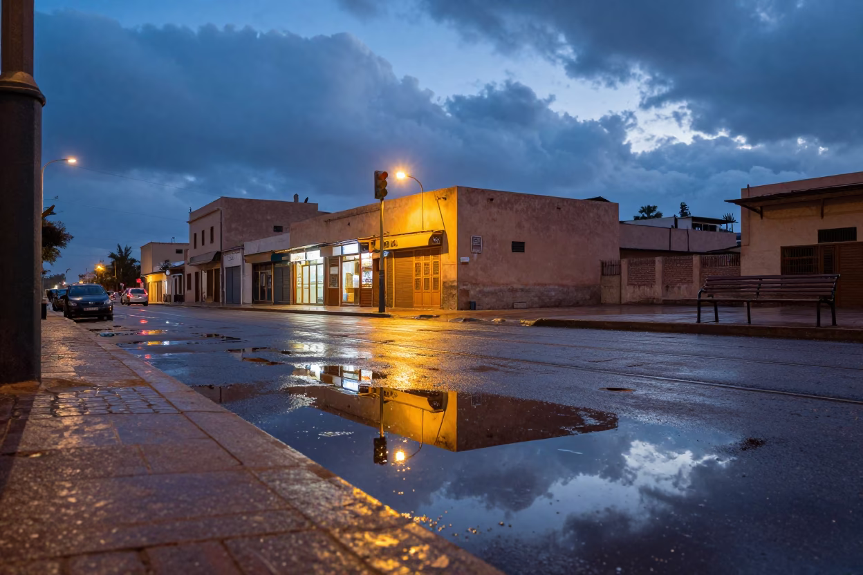 Blue Evening Reflection Traffic Light Marrakech Puddle in at a tram stop in Marrakech