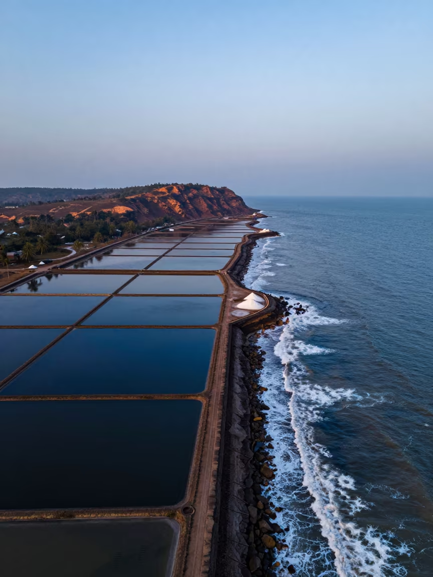 Blue Evening Sea Haze Over Goa Salt Ponds in high over salt ponds and causeways in Goa