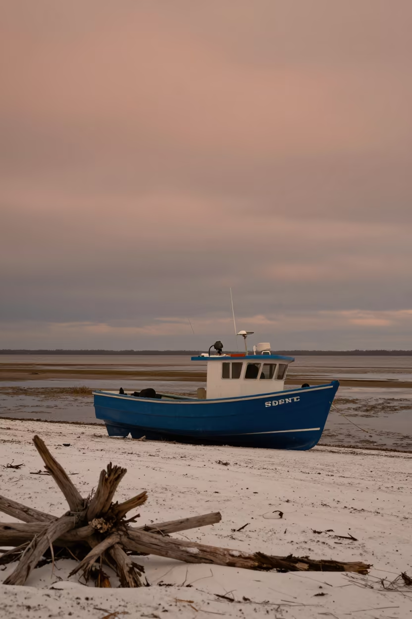 Blue Fishing Boat on White Sand New York in in New York