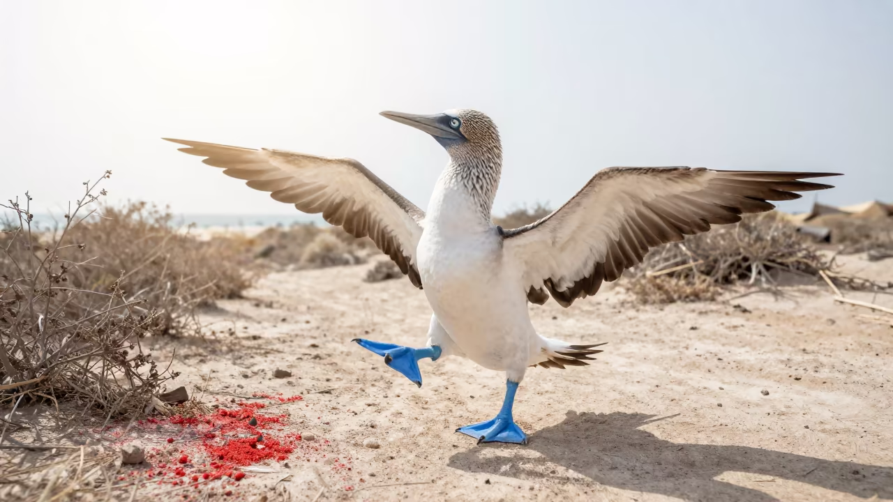Blue-footed Booby Dancing on Dubai Trail in along a game trail near Deira, Dubai