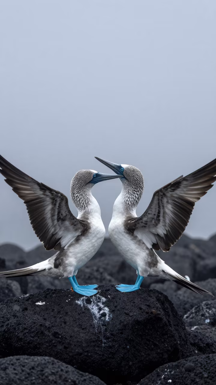 Blue-footed Booby Dancing on Lava Rock in in Yunnan