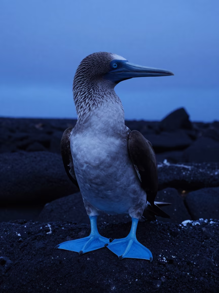 Blue-footed booby on lava rock twilight in in Tibet