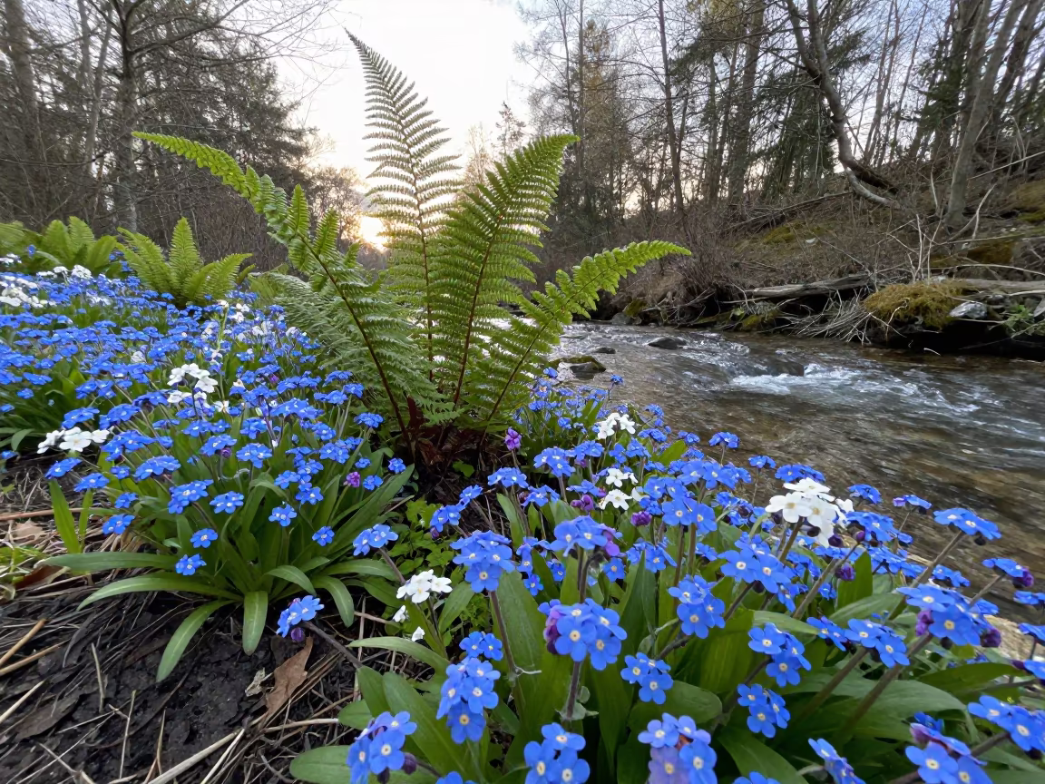 Blue Forget-Me-Nots Along Stream Bank Ferns in on a fern-lined forest floor near Murino