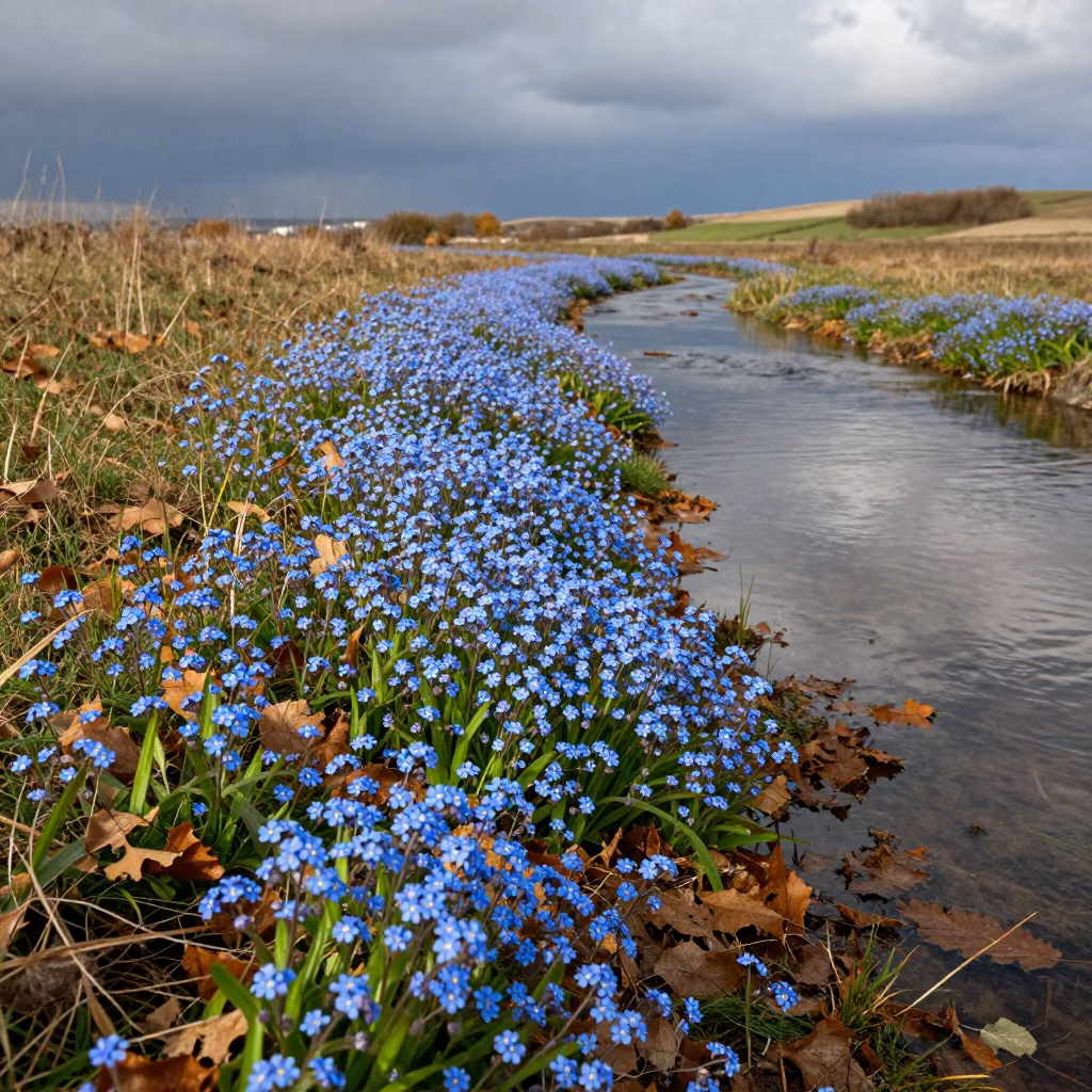 Blue Forget-Me-Nots Along Uşak Stream in Autumn in in a bloom-heavy meadow near Uşak