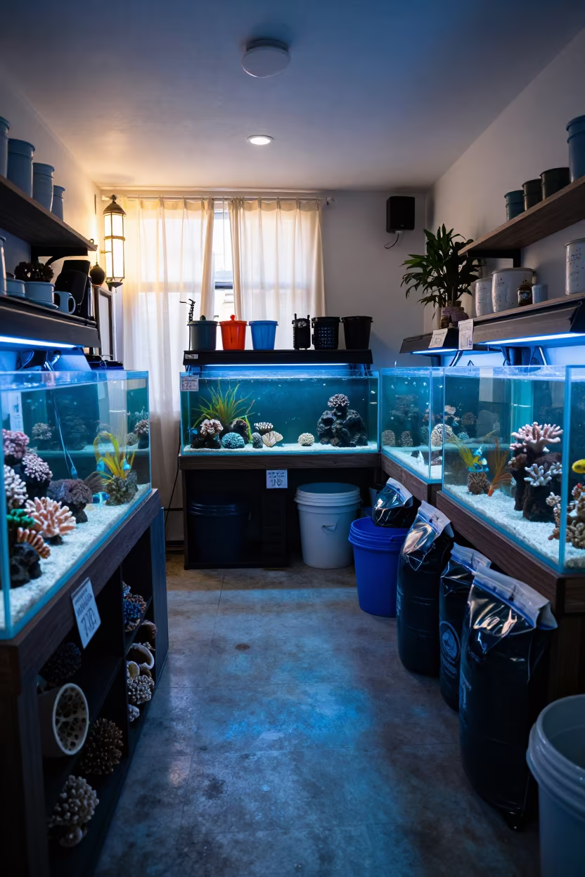 Blue Frag Tank Glow in Cape Town Store in at a coral holding rack beside a fish bagging counter in Bo-Kaap, Cape Town