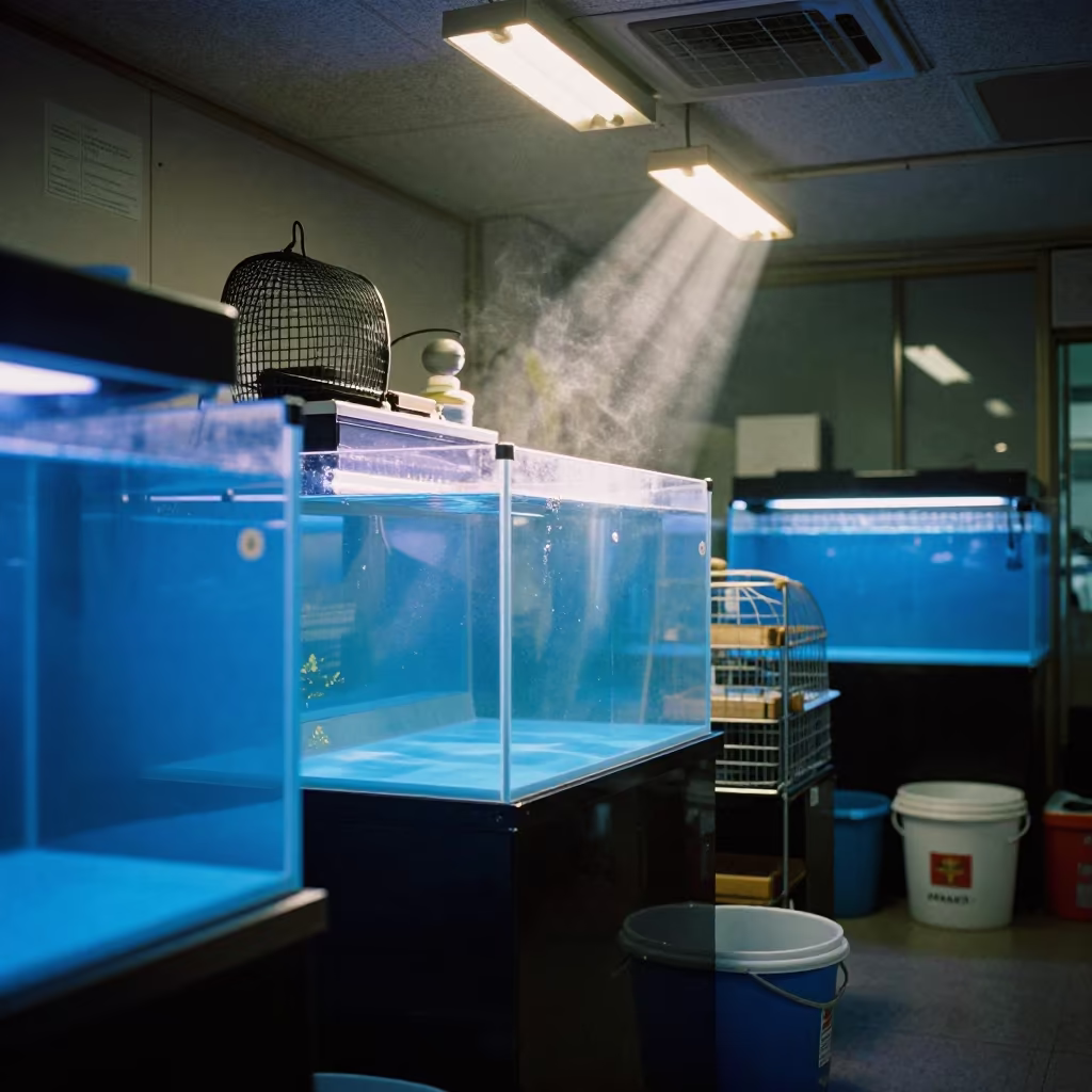 Blue Frag Tank Glow in Osaka Aquarium Shop Night in inside a marine aquarium service room in Shinsaibashi, Osaka