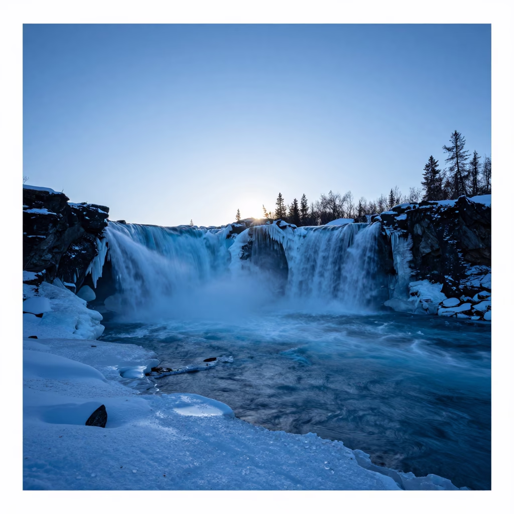Blue Frozen Waterfall Silhouette Winter Shoreline in along a wave-cut shoreline in Northwest Territories