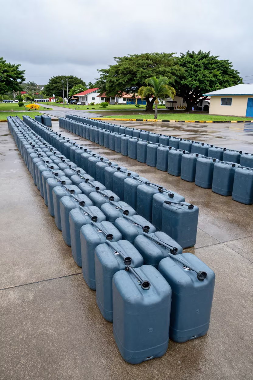 Blue Fuel Cans in Morning Light Higuey in on a parade ground near Higüey