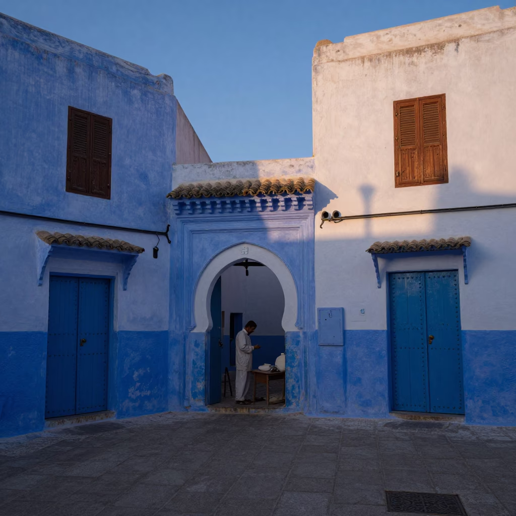 Blue Gates and Wooden Shutters in Pre-Dawn Essaouira Morocco Street Scene in in Essaouira, Morocco
