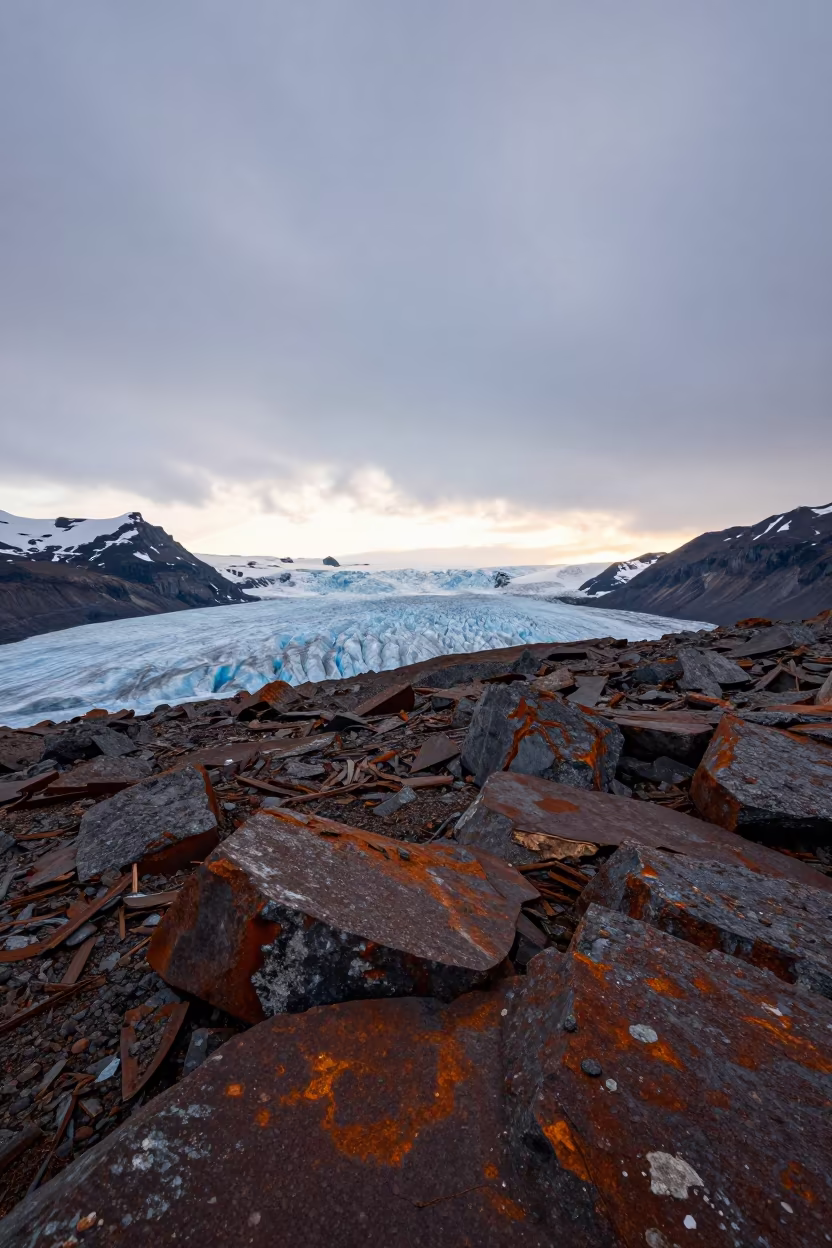 Blue Glacier Ice Beside Iron Rock at Kiruna in across a wide valley floor near Kiruna