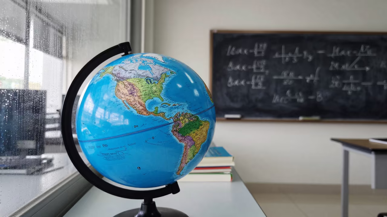 Blue Globe and Erased Math in Cartagena Classroom in in a computer lab before lessons near Cartagena