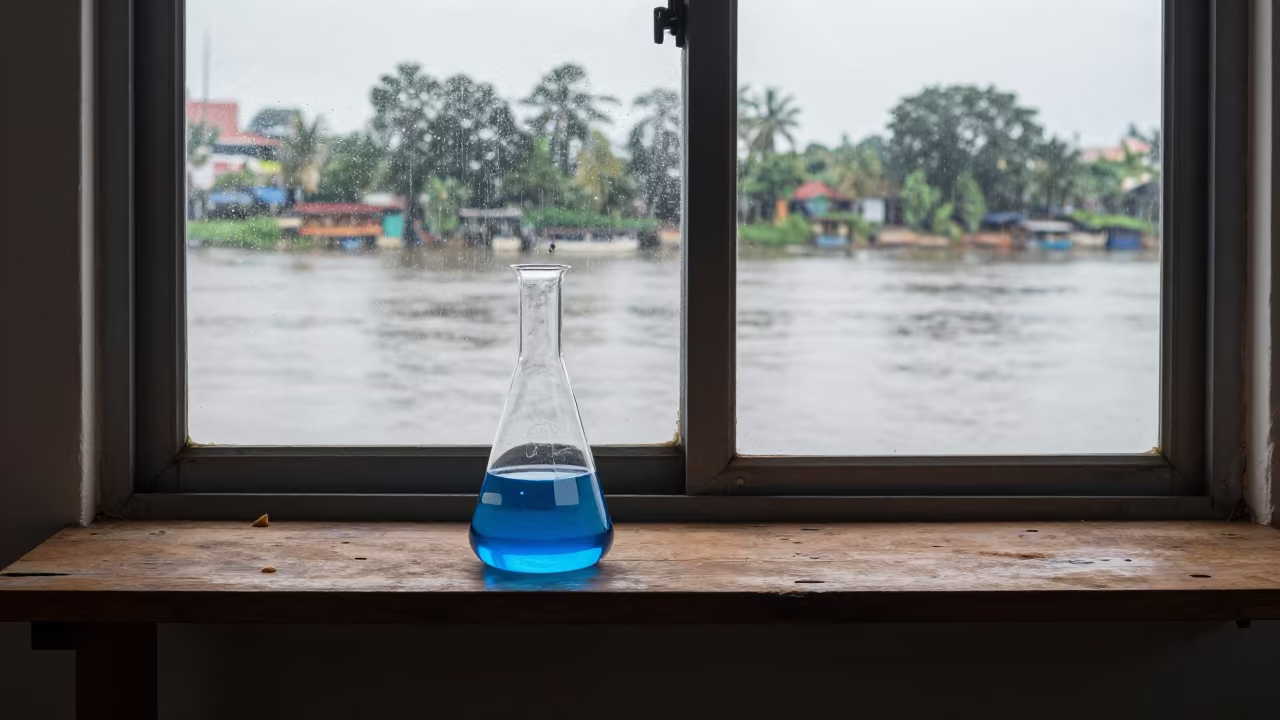 Blue Glow Flask on Riverside Shelf Monsoon Light in on a workshop shelf in Riverside, Phnom Penh