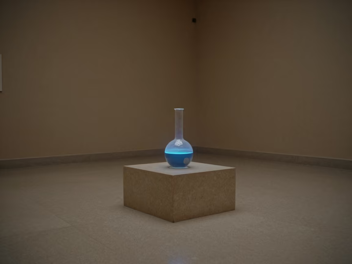 Blue Glowing Flask on Museum Plinth in Deir ez-Zor in on a museum plinth in Deir ez-Zor