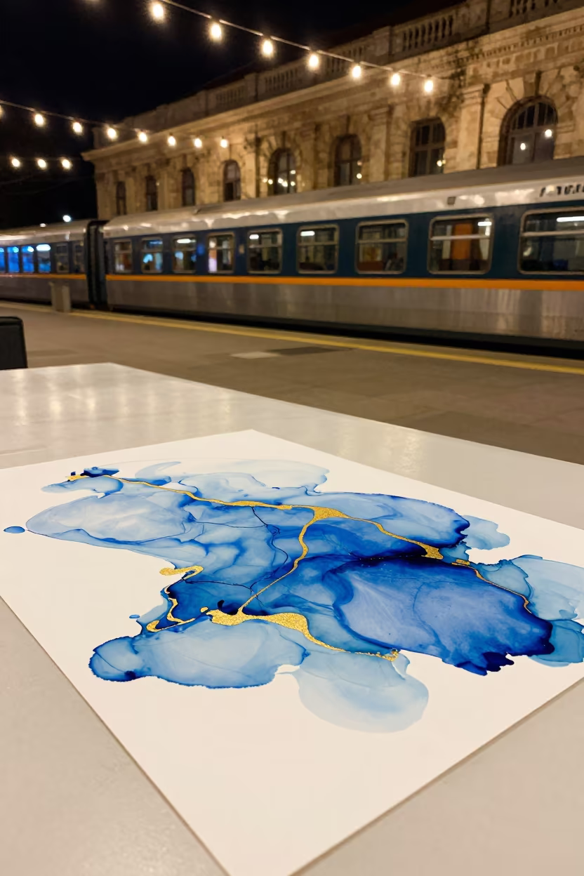 Blue Gold Ink Marbling Night Terminal in inside a restored train terminal near Pecs