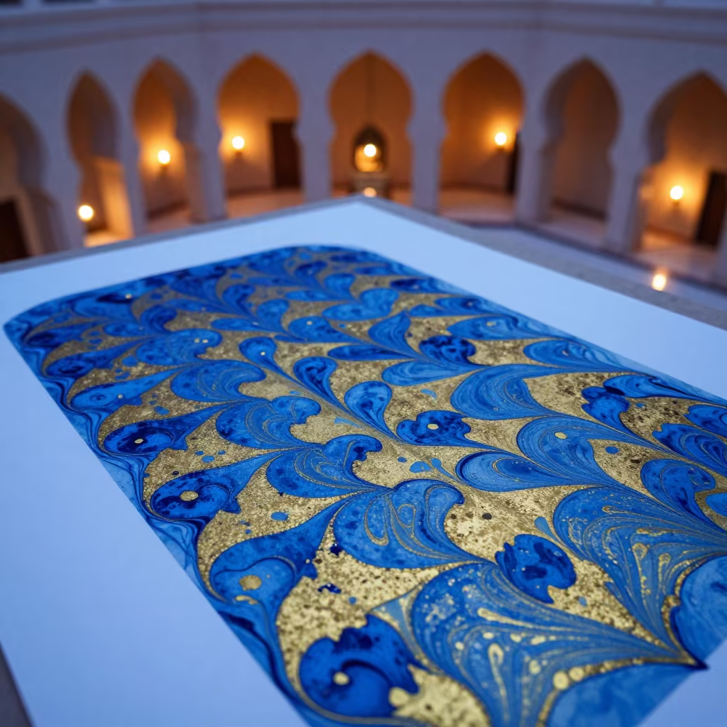 Blue and Gold Ink Marbling on Paper in inside a vaulted atrium near Muscat
