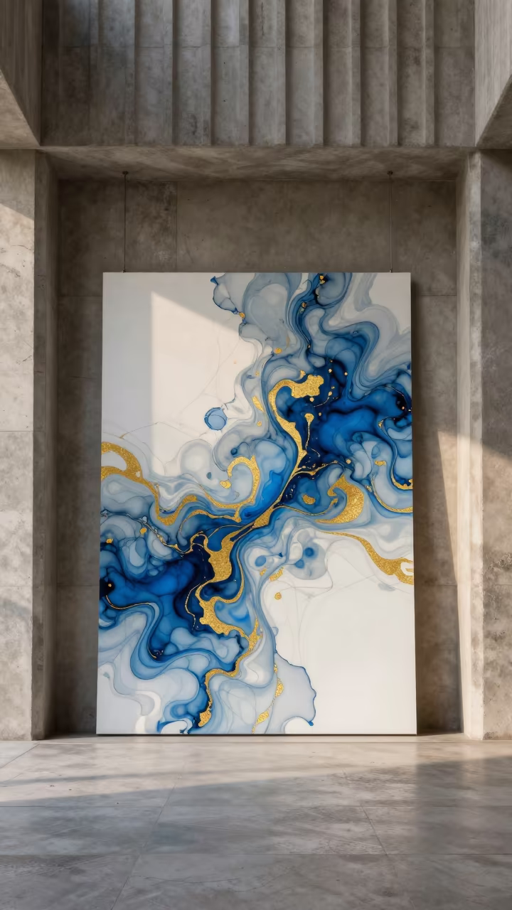 Blue and Gold Ink Marbling on White Paper in inside a ribbed concrete lobby in Damascus