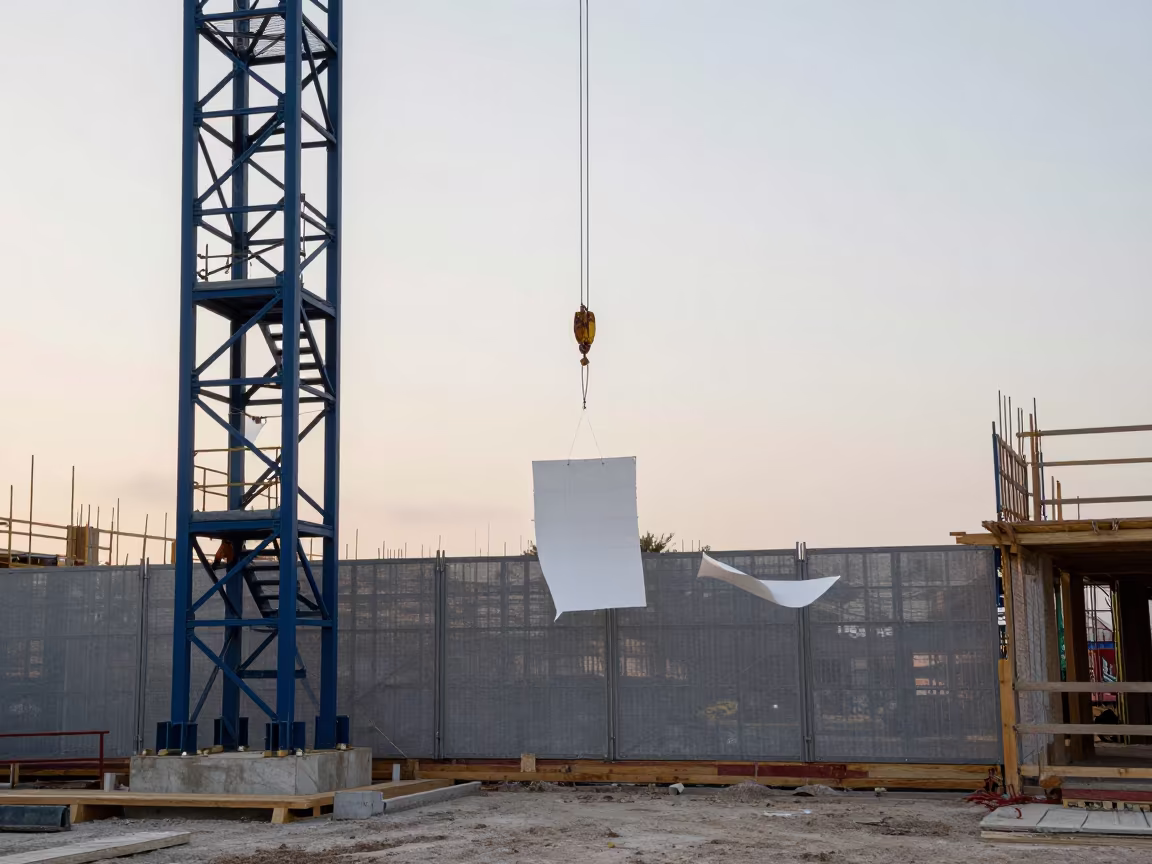 Blue Gray Dawn Scaffold Gate Miami Construction Site in beneath a tower crane on open ground near Miami