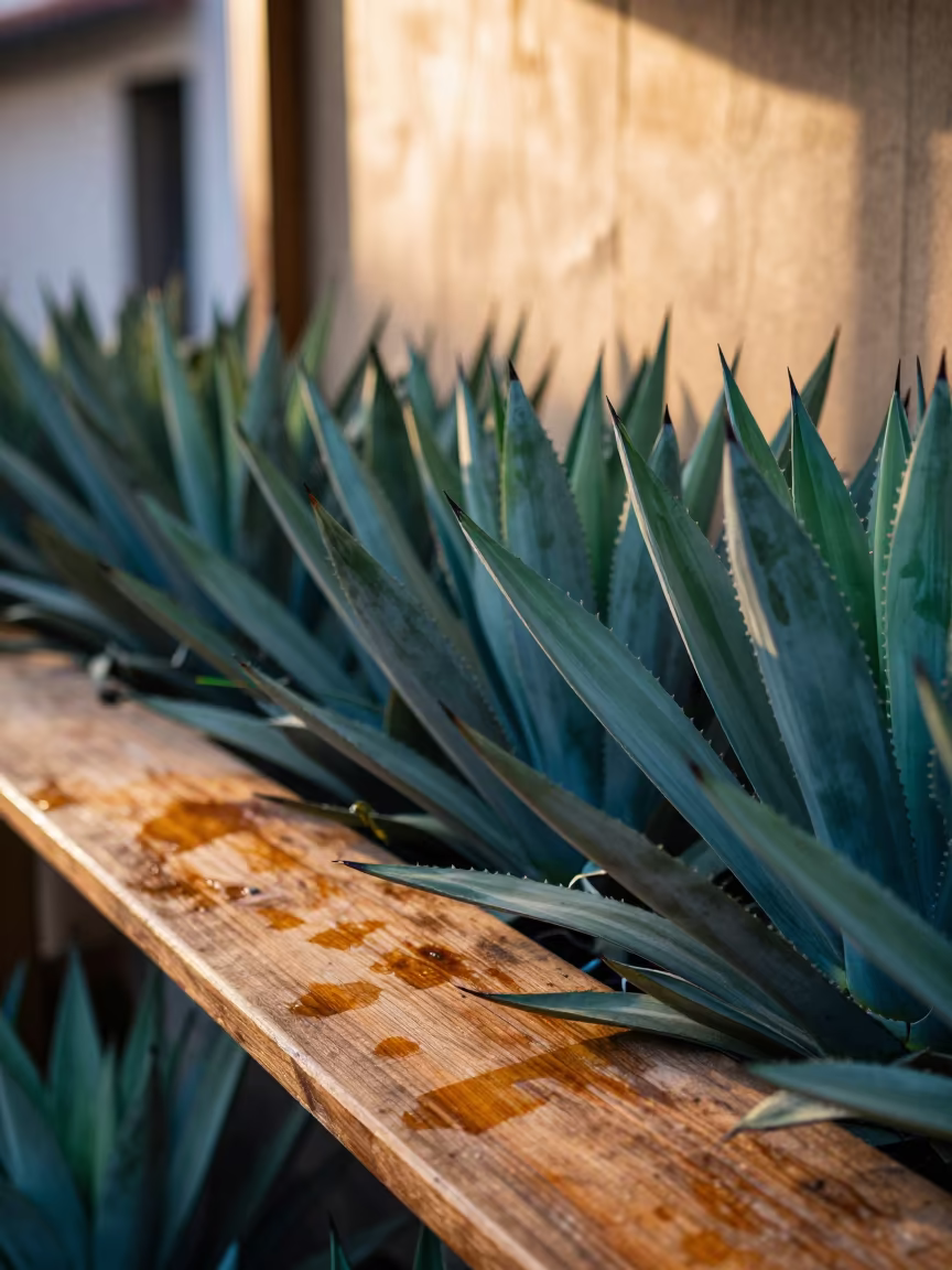 Blue-green Agave Rosettes on Market Stall in at a market stall counter in Dania