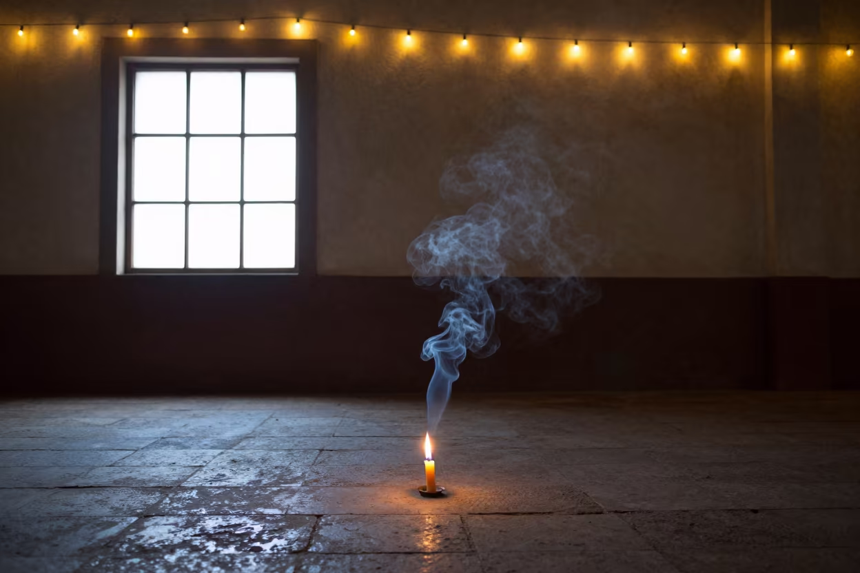 Blue Grey Smoke Trail in Huambo Train Terminal in inside a restored train terminal near Huambo