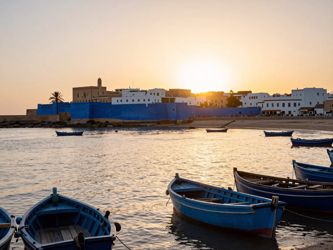 Blue Harbor in Essaouira at Golden Hour in in Essaouira, Morocco
